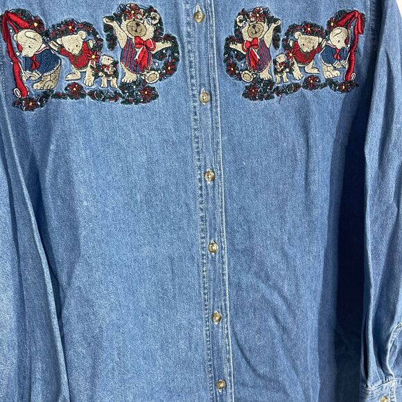 Christmas Shirt Women XL Blue Chambray Button Up Long Sleeve Embroidered Bear - Picture 5 of 9